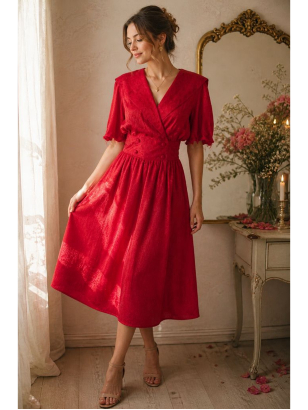 Vintage 80s Red Silk Dress Wrap Bodice Puff Sleeve Midi Cummerbund Waist